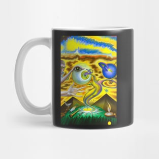 Surrealist painting with pyramids and eyes in yellow and blue man reaching for God Mug